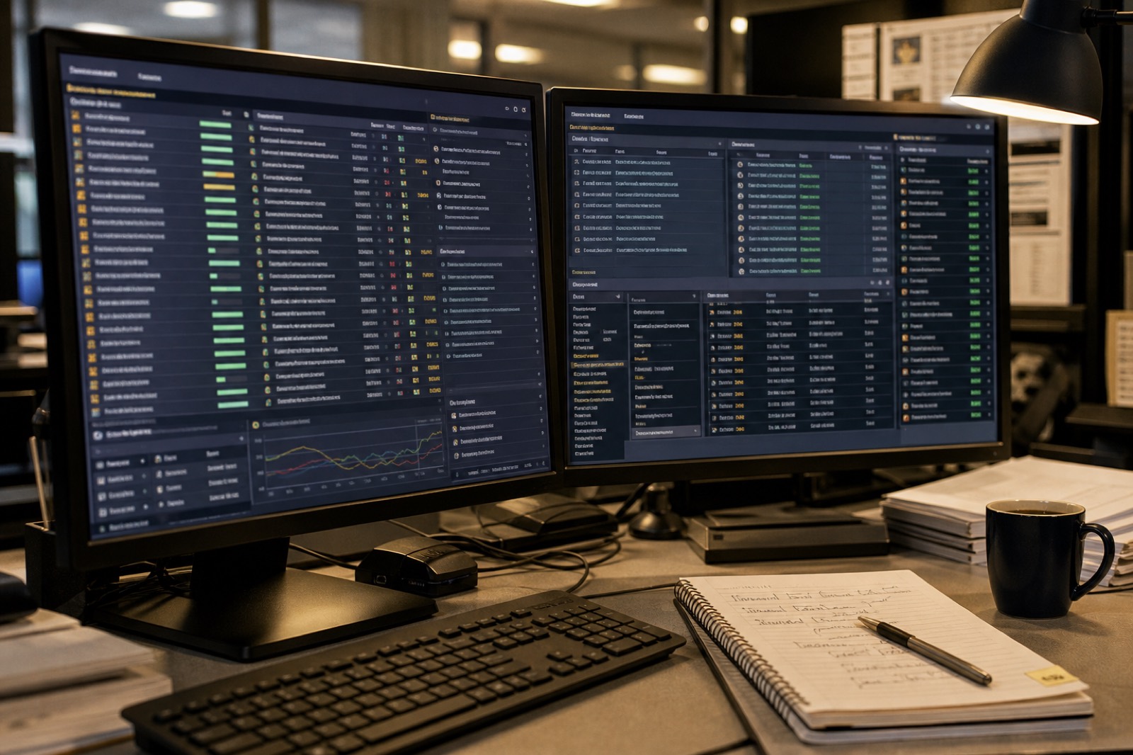 Operational software on dual monitors in a working office